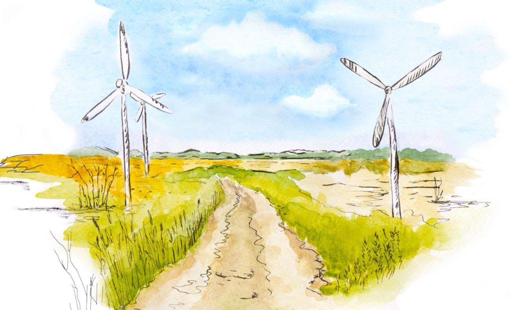Illustration of wind turbines in a rural setting.
