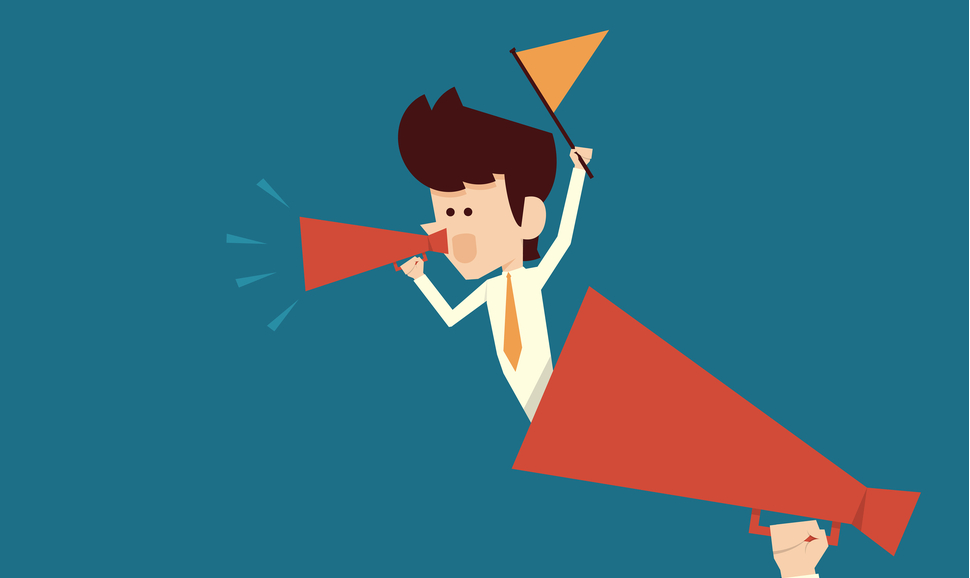 Illustration: person talking out of a bullhorn with flag in hand