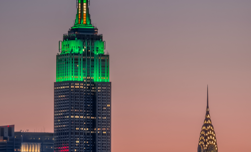 Empire State Building with green lights