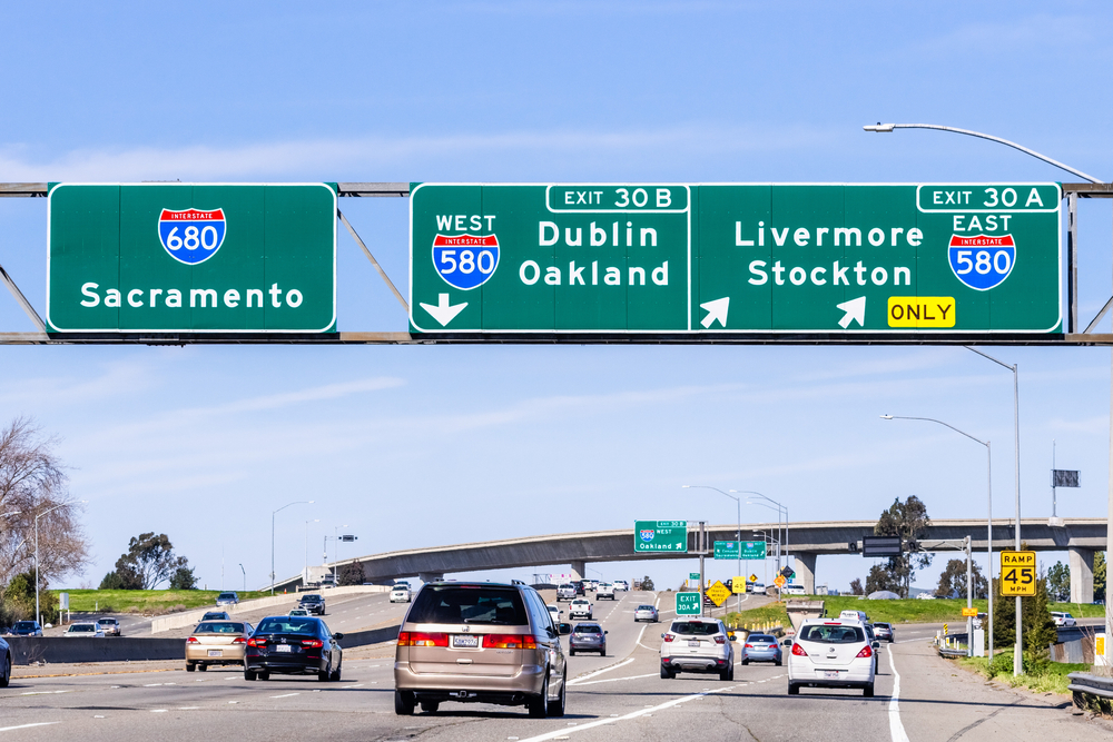 Freeway interchange in East San Francisco Bay Area; Signs towards Sacramento