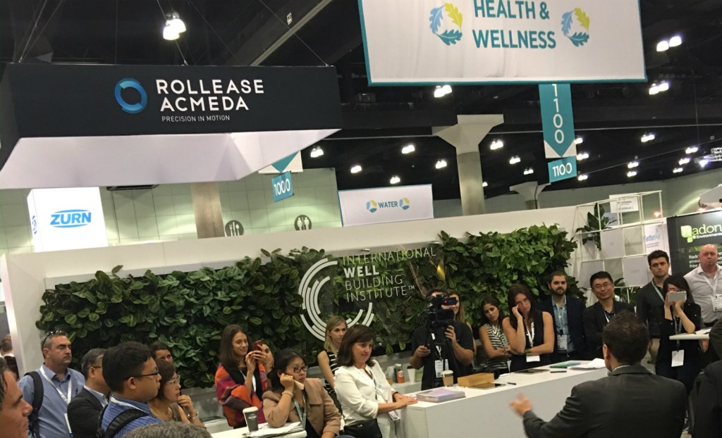 One of the more crowded sessions in the new Health and Wellness section of the Greenbuild show floor.