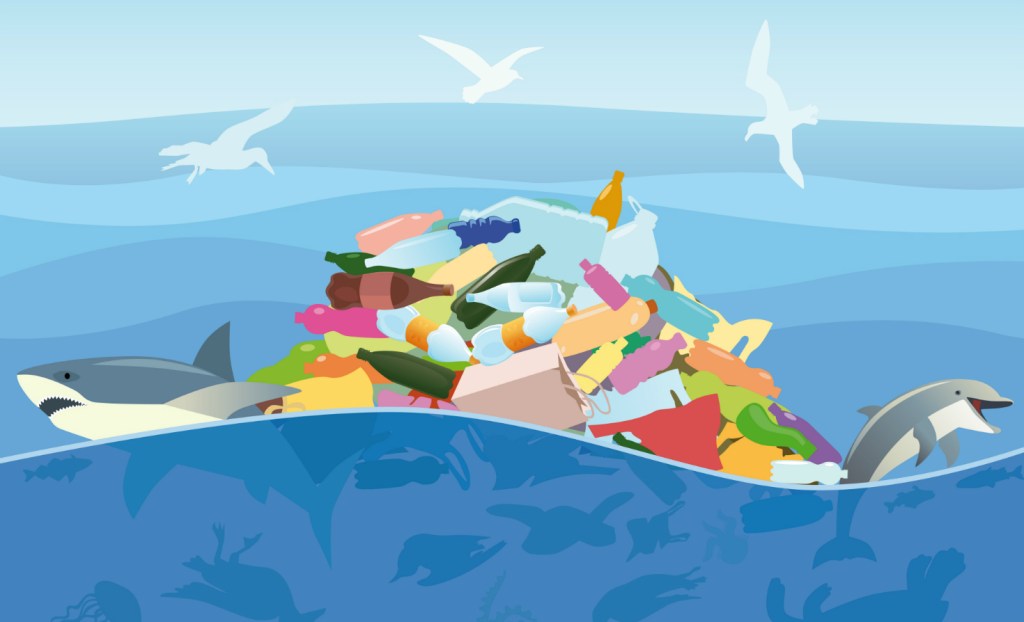 Illustration of trash in the ocean