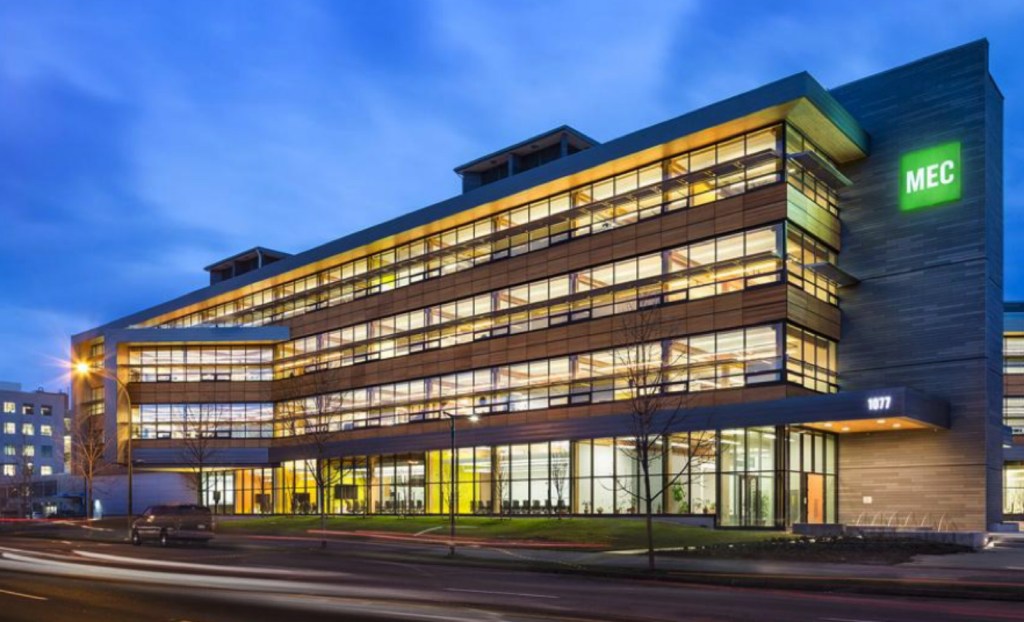 The all-electric Mountain Equipment Co-op building in Vancouver