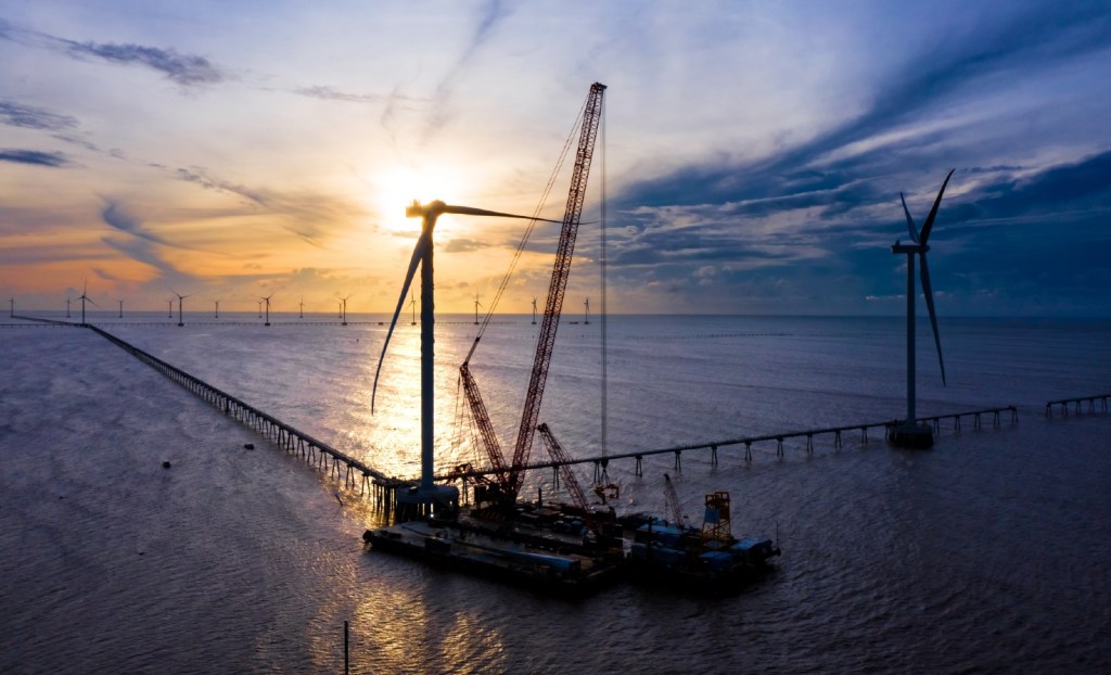 Offshore wind being built off the East China Sea.