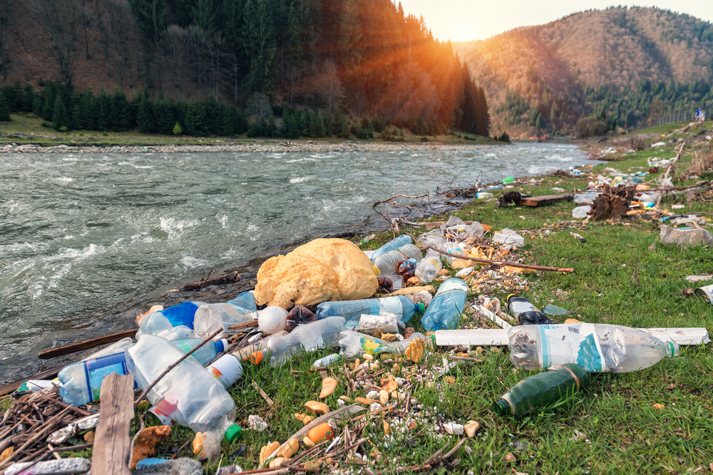 Plastic garbage on a mountain river bank