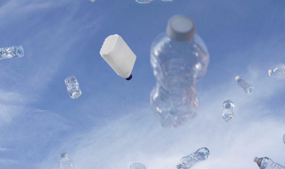 Plastic bottles floating in the sky