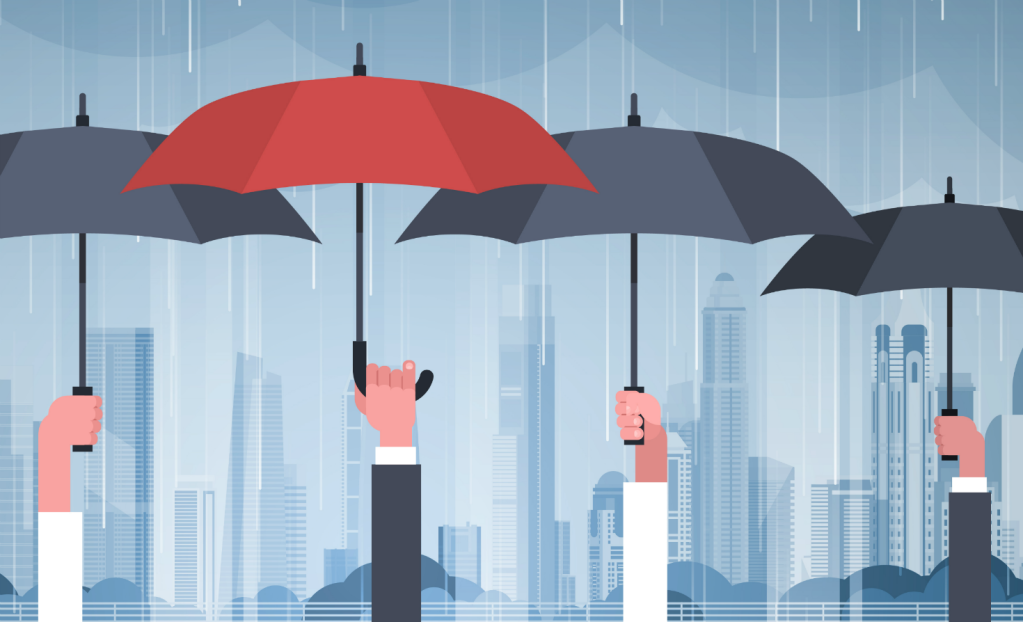 Illustration of hands holding umbrellas in the rain