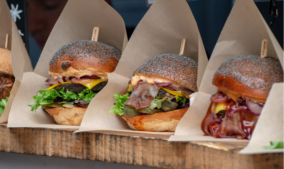 Vegan burger display at a take away stall in London's Borough Market