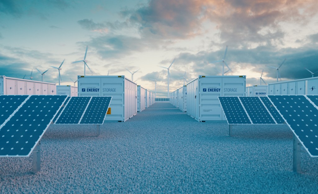 3D rendering of battery storage power station accompanied by solar and wind turbine power plants.