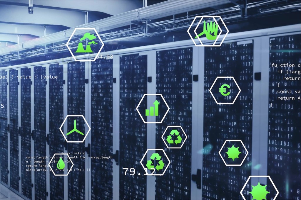 Data center hardware image showing various metrics.