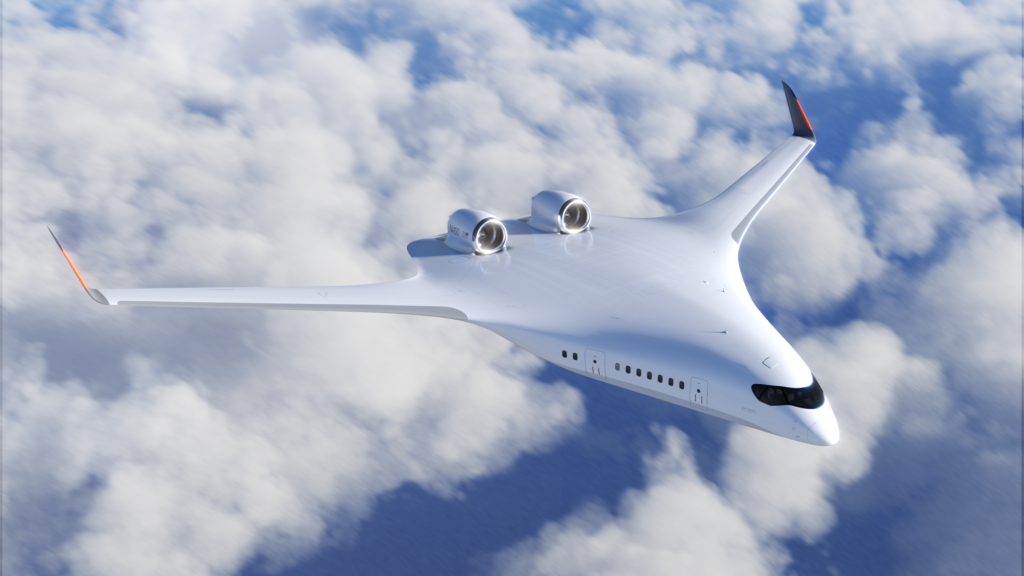 Rendering of JetZero's blended-wing-body aircraft