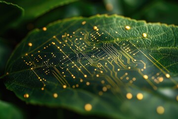 image of leaf with gold electronic data grid overlaid