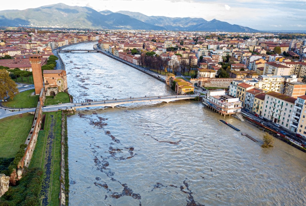 Flooded river in Pisa, Italy.