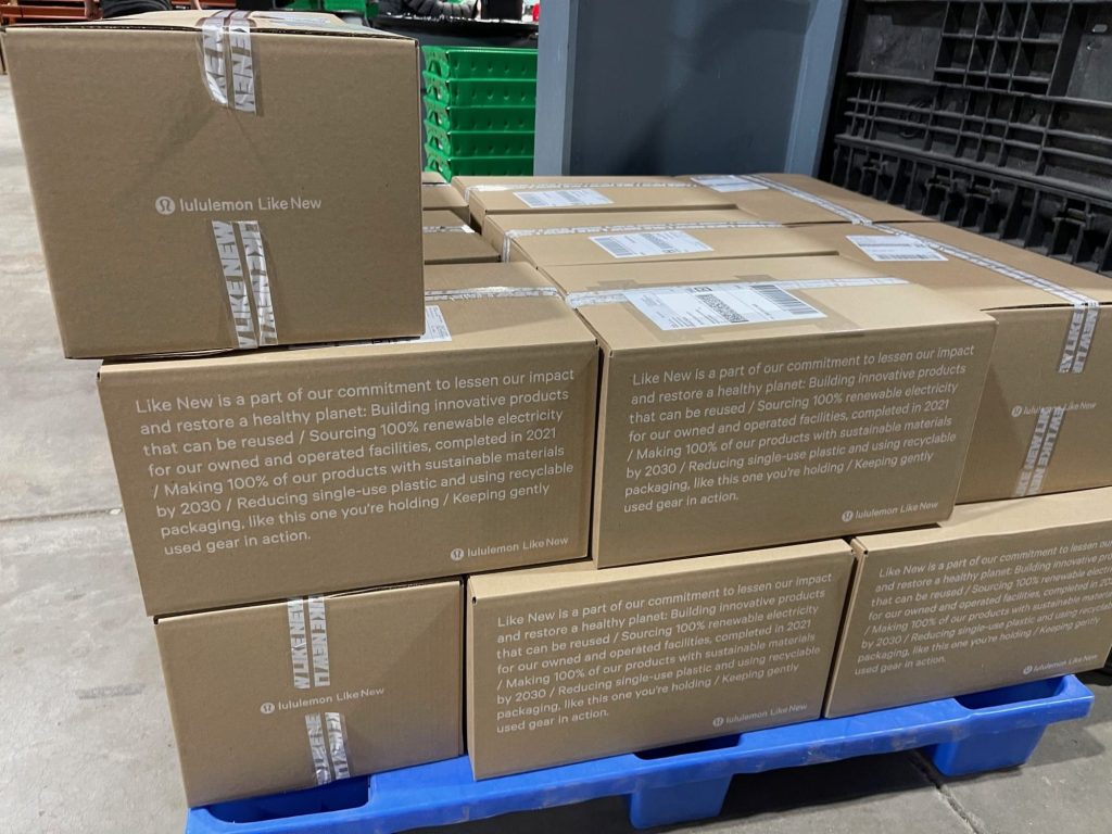 Lululemon Like New products ready to ship at cleaning and logistics company Tersus Solutions. Credit: Trellis Group / Elsa Wenzel