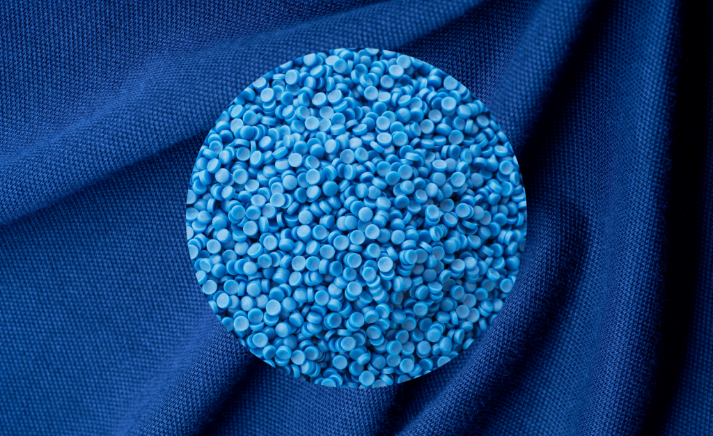 Polyester pellets, otherwise known as polyethylene terephthalate (PET).