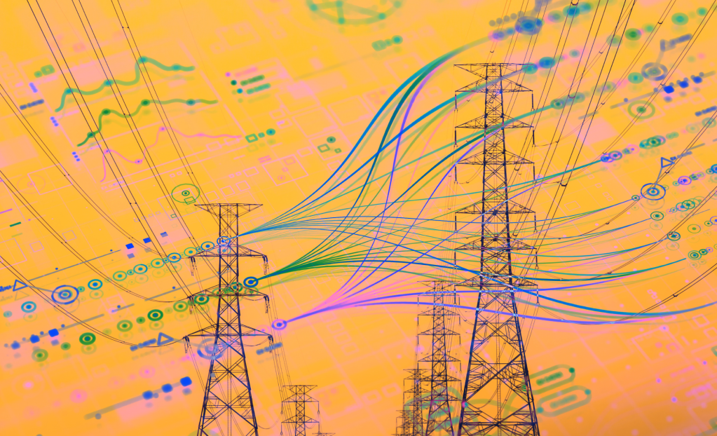 Energy grid overlayed with AI data mapping.