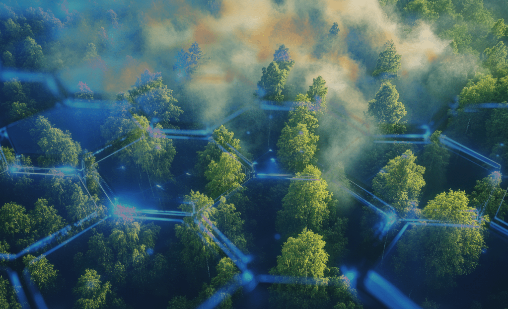 Scenic landscape of trees overlaying an abstract carbon network.