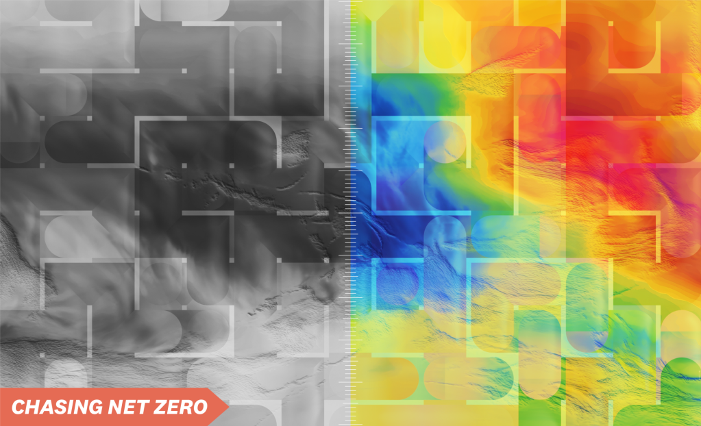Abstract maze imagery overlaying thermal energy measurements to convey net zero data tracking.