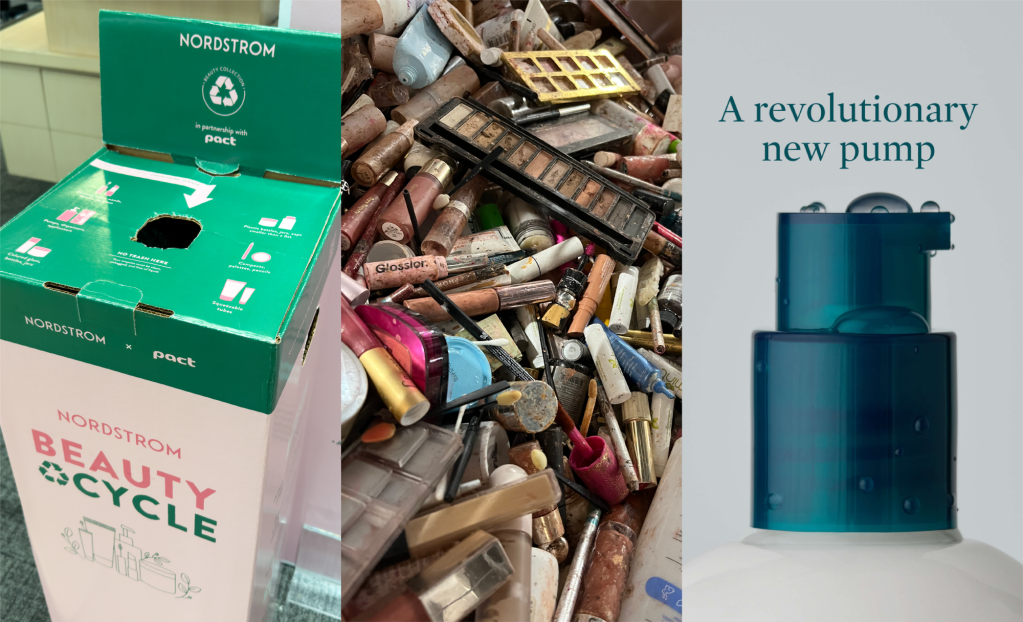 Left to right: A Pact collection bin, a pile of collected items, and Credo Beauty's lotion pump made mostly of spent beauty packaging.