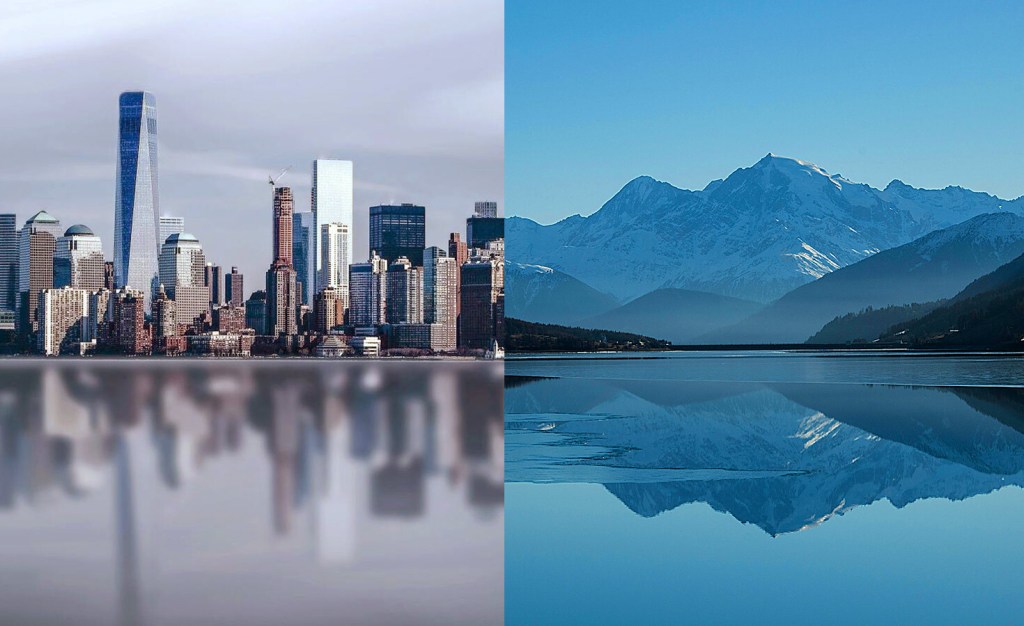 Left side view of a skyline, right side view of mountains.