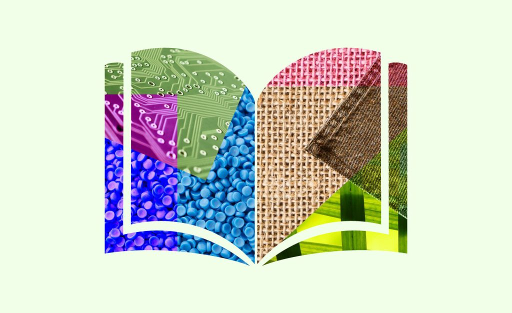 Graphic of a book made out of recycled materials
