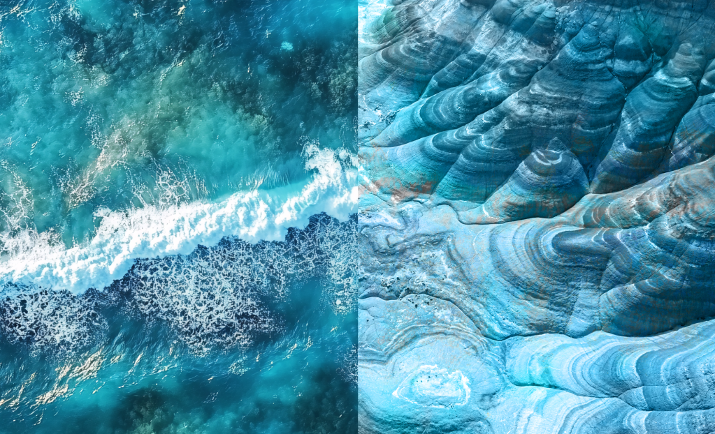 Aerial view of the ocean juxtaposed with similar patterns found in erosion.