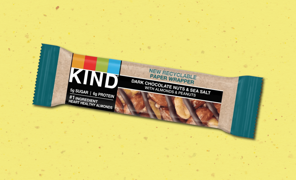 KIND bar's new recyclable paper packaging. Featuring dark chocolate with nuts and sea salt product photo.