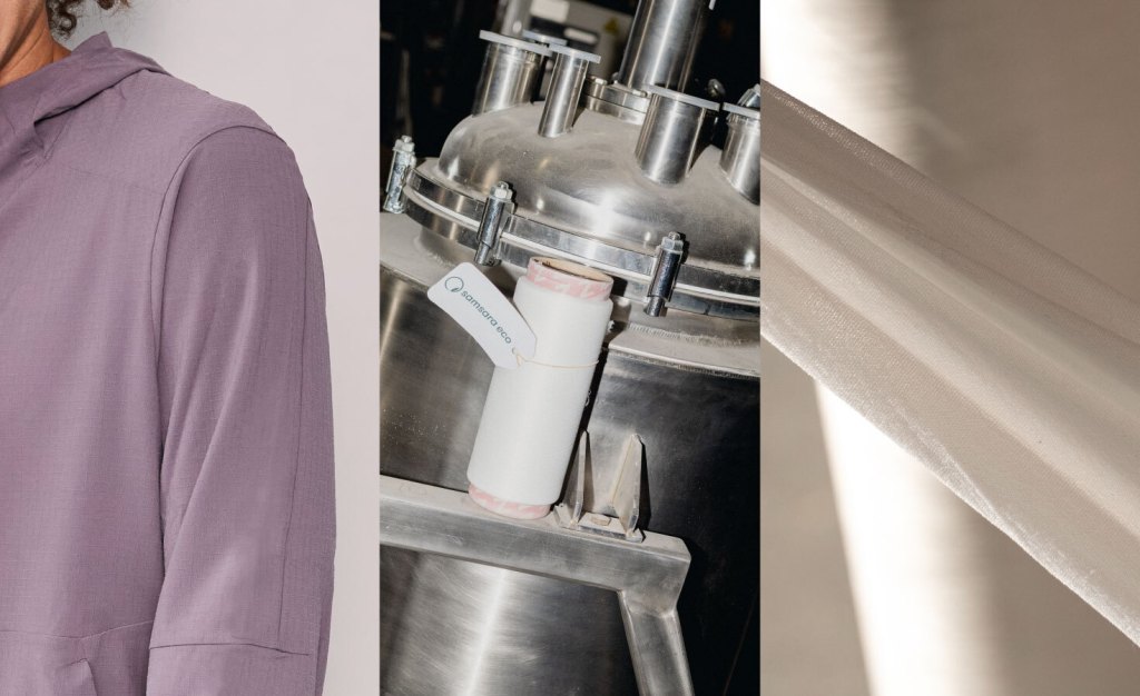 Images of Lululemon's recycled-polyester jacket and Samsara Eco's textile recycling operation.