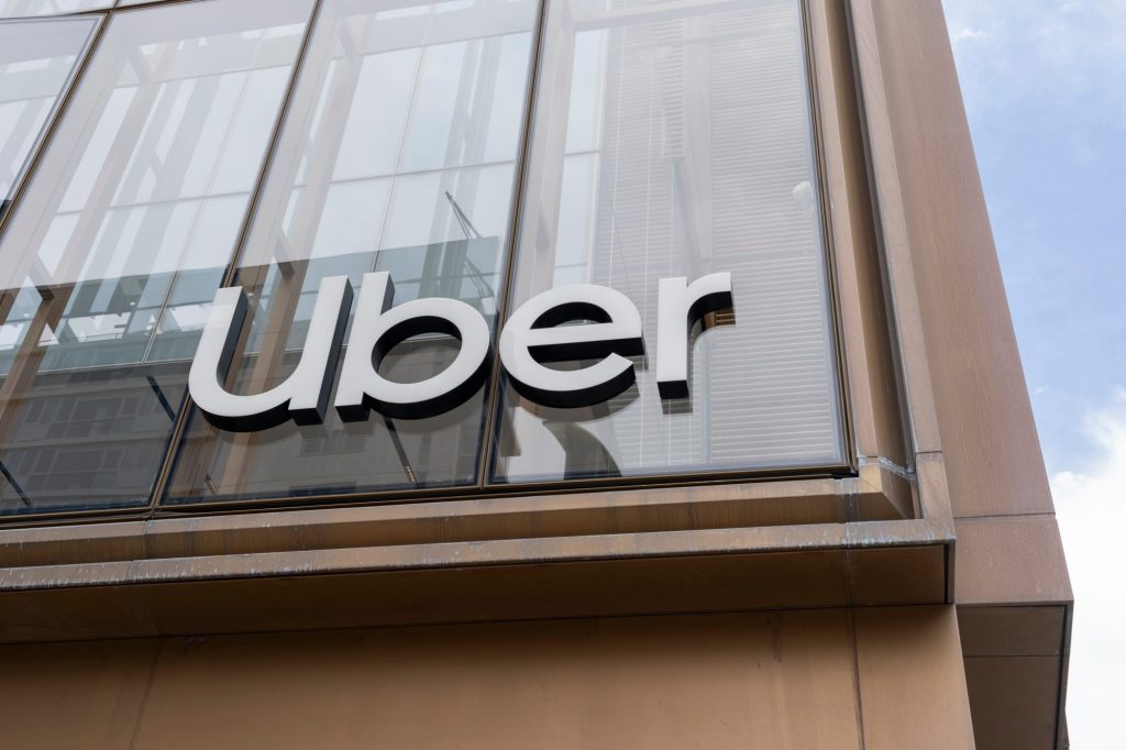 Uber sign on its headquarters building in San Francisco, California,