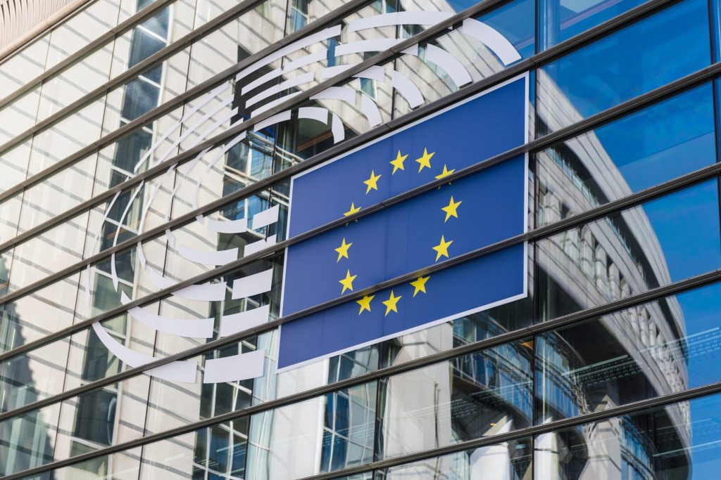 The symbol of the European Parliament on the glass façade of the European Parliament.