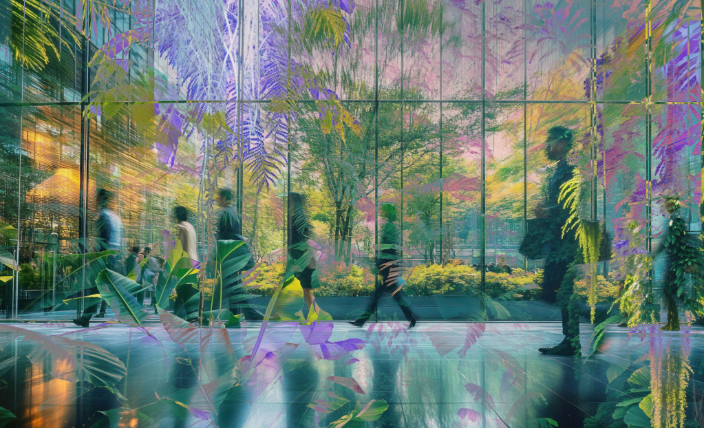 Abstract image of people walking by a glass window with trees behind it.