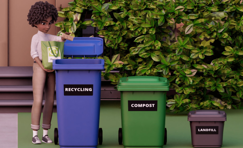 Girl sorting recycling and composting outside.