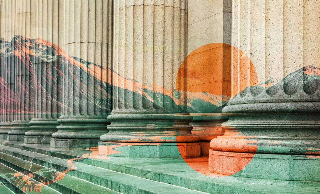 Court pillars overlaying an image of a landscape.
