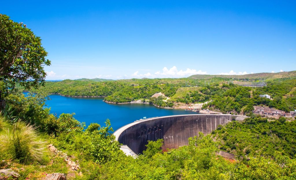 Kariba dam wall and Zambezi river in Zimbabwe, Africa.