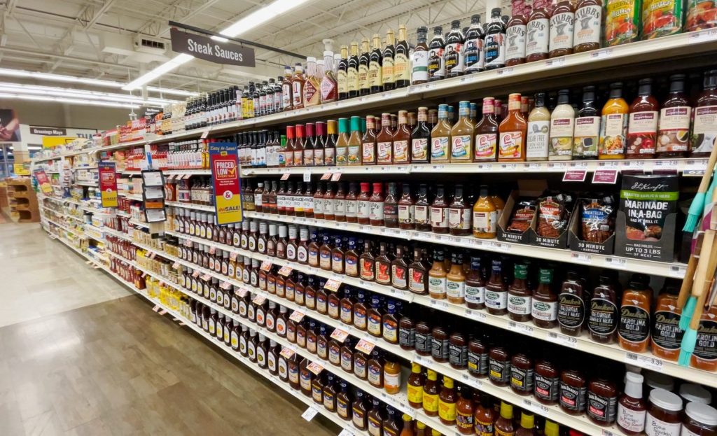 Condiments on shelves at a Food Lion supermarket.