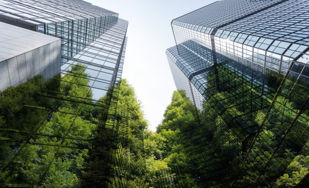 Green trees and office buildings