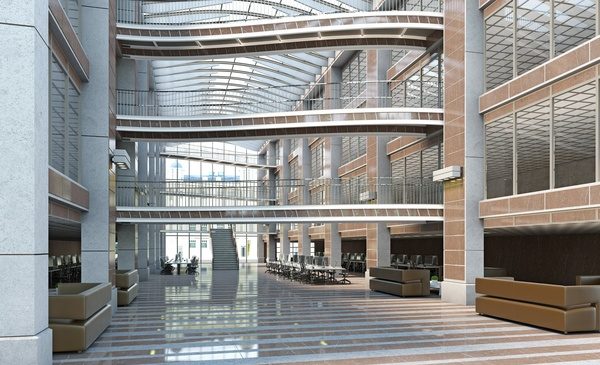 Internal hallway with bridges and glass ceiling.