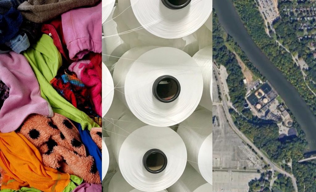 Textile waste, spools of polyester and an aerial view of Eastman Business Park.