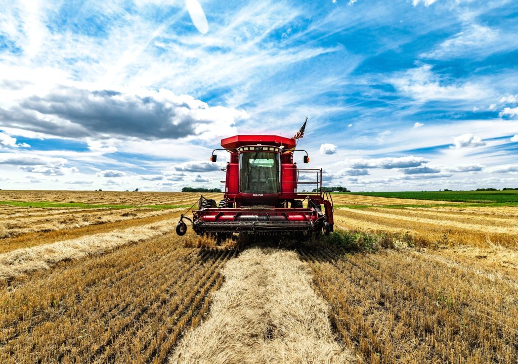 A front view of a combine harvester while threshing wheat in an agricultural field.