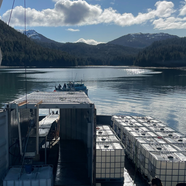 Kelp harvest in Cordova, Alaska - small boat approaches a floating dock with kelp processing materials.
