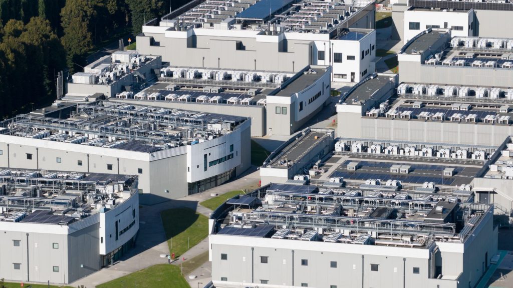 Long-range close up of a data center